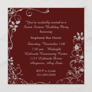 Invitation Maroon Faux Diamond Swirl Sweet 16 Anniversaire