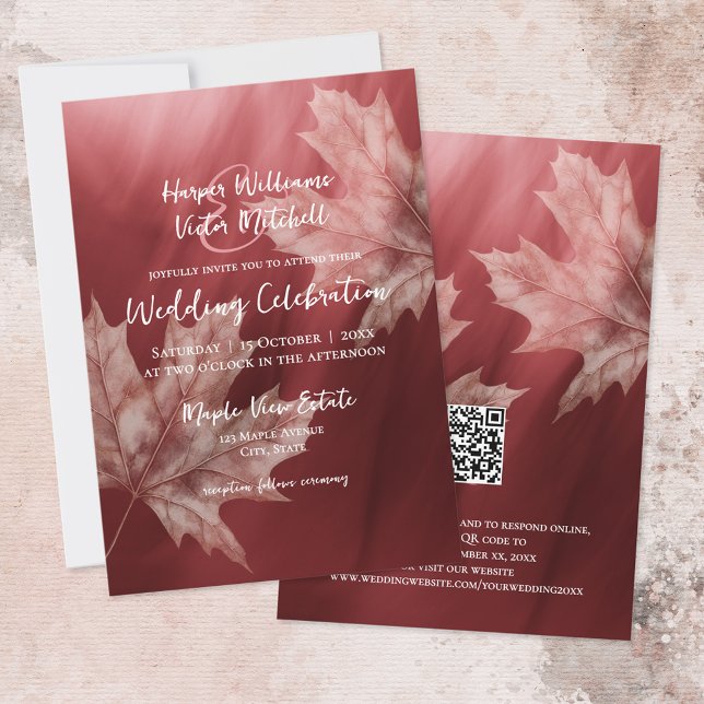 Invitation maroon feuille d'érable accent tout en un (front & back views - fall wedding maroon with maple leaves accent)