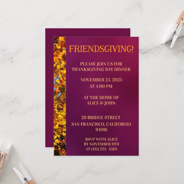 Invitation Maroon Feuilles Thanksgiving Friends Giving (Devant/Arrière en situation)