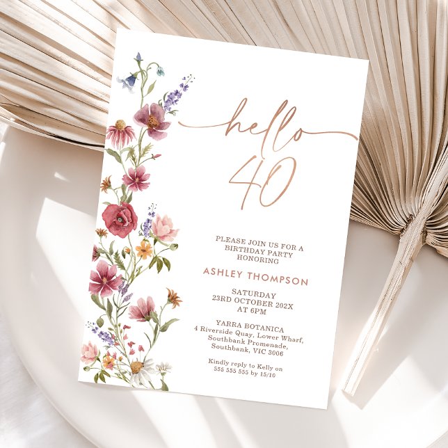 Invitation Maroon Fleur sauvage Bonjour 40 quarantième annive (Wildflower 40th Birthday Invitation Women, Hello Forty Editable Invitation Template, Boho 40th )