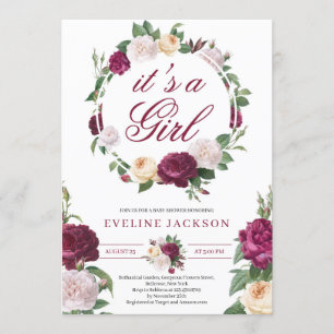 Invitation Maroon fleurissant et crème rose fille baby shower