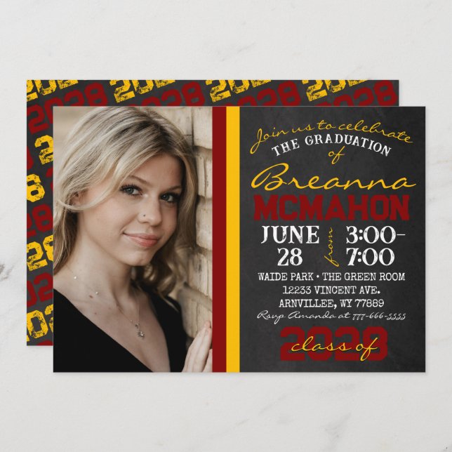 Invitation Maroon & Gold Chalkboard Graduation Photo (Devant / Derrière)