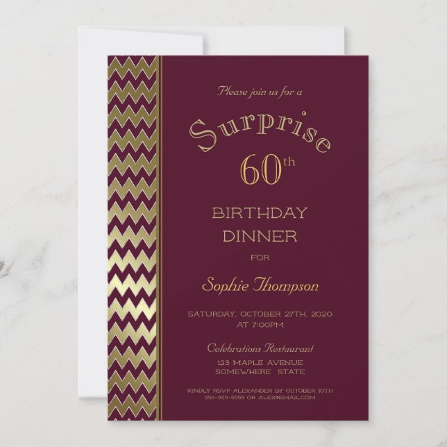 Invitation Maroon Gold Chevron Surprise 60e Anniversaire Dîne (Devant)