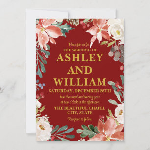 Invitation Maroon Gold Chic Noël hiver Mariage de verdure