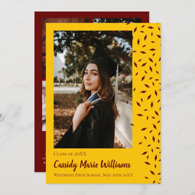 Invitation Maroon Gold Confeti Graduation (Devant / Derrière)