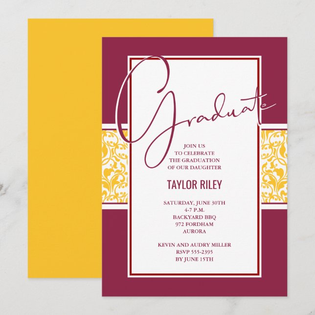 Invitation Maroon Gold Damask Graduation (Devant / Derrière)