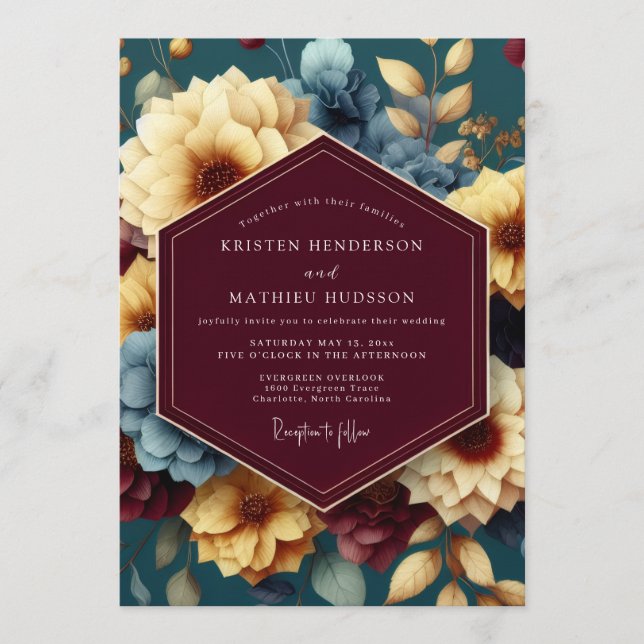 Invitation Maroon & Gold Opulent Floral Wedding (Devant)