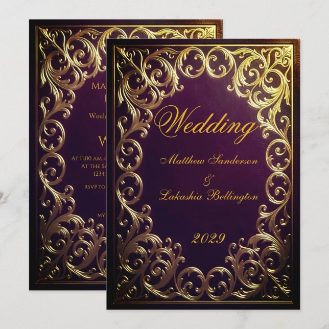 Invitation  Maroon Gold Wedding Classic Marriage  (Devant / Derrière)