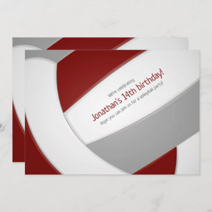 Invitation maroon grey volleyball garçons filles fête d'anniv