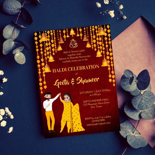 Invitation Maroon mariage indien Haldi Mehndi Sangeet jaune (Haldi Mehndi Sangeet Indian wedding maroon yellow bell garlands bridal couple cartoon Invitation)