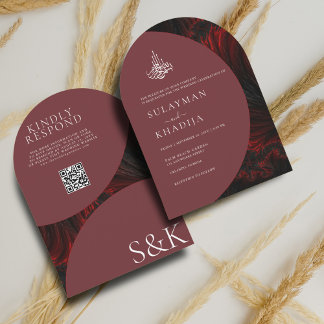 Invitation Maroon minimal Elegal Musulman QR Code Arch Mariag