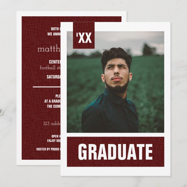 Invitation Maroon Modern Textured Photo Graduation (Devant / Derrière)