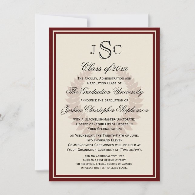 Invitation Maroon Monogram Laurel Classic College Graduation (Devant)