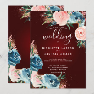 Invitation Maroon, Navy Blue and Blush Floral Gold Parties sc
