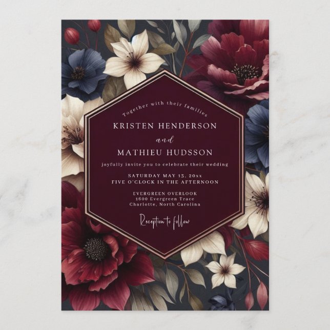 Invitation Maroon Nocturnal Bloom Wedding (Devant)