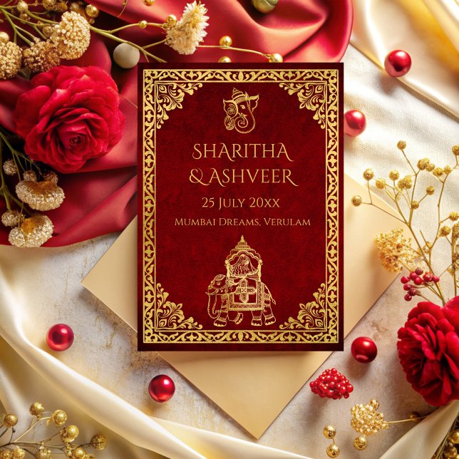 Invitation Maroon or éléphant Indien mariées luxe mariage (Maroon gold elephant Indian brides luxury wedding Invitation cards template)