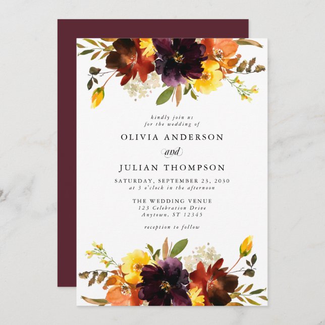 Invitation Maroon & Orange Fall Floral Aquarelle Mariage Inv (Devant / Derrière)