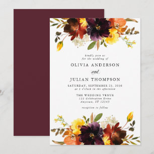 Invitation Maroon & Orange Fall Floral Aquarelle Mariage Inv