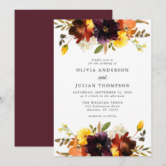 Invitation Maroon & Orange Fall Floral Aquarelle Mariage Inv