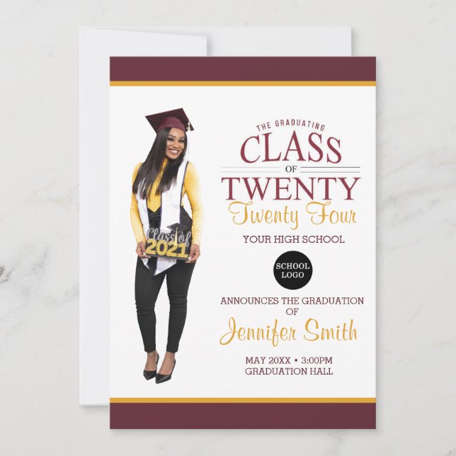 Invitation Maroon photo sur mesure et graduation en or (Devant)