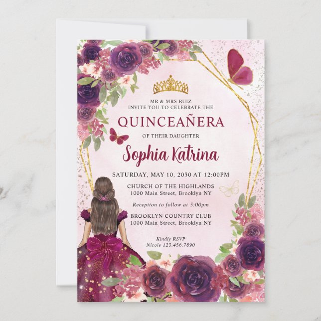 Invitation Maroon Plum Rouge or Floral Princesse Quinceañera (Devant)