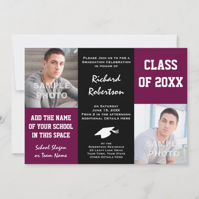 Invitation Maroon pourpre et Black Custom Athlete Graduation (Devant)