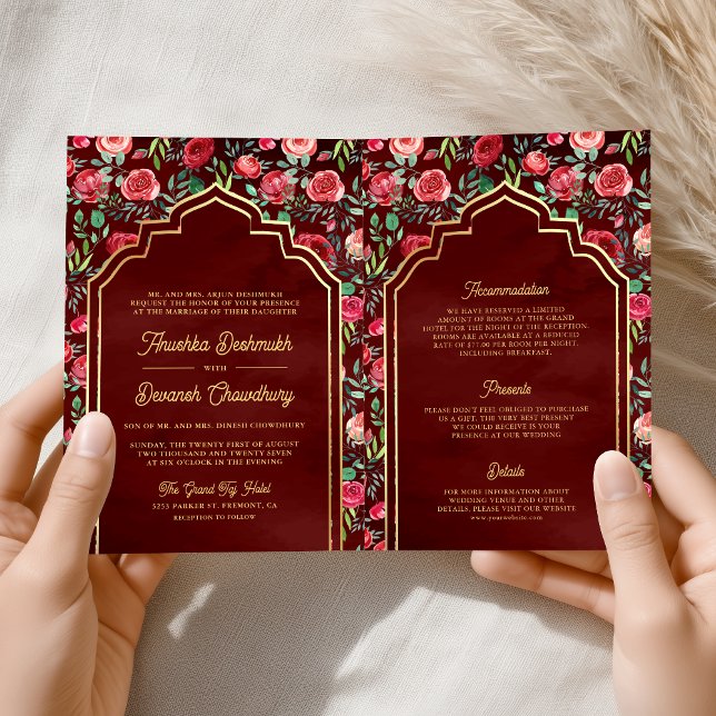 Invitation Maroon Red Roses Floral Gold Mariage indien (Créateur téléchargé)