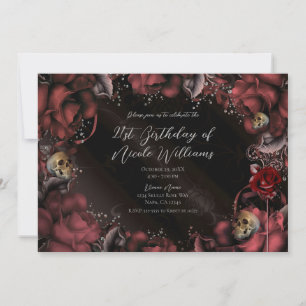 Invitation Maroon Red Rust Roses et crânes Anniversaire
