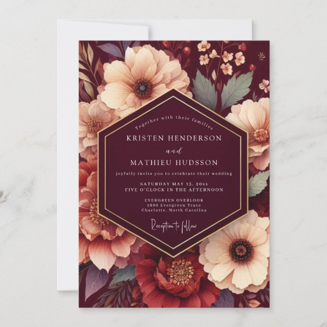 Invitation Maroon Rich Floral Wedding (Devant)