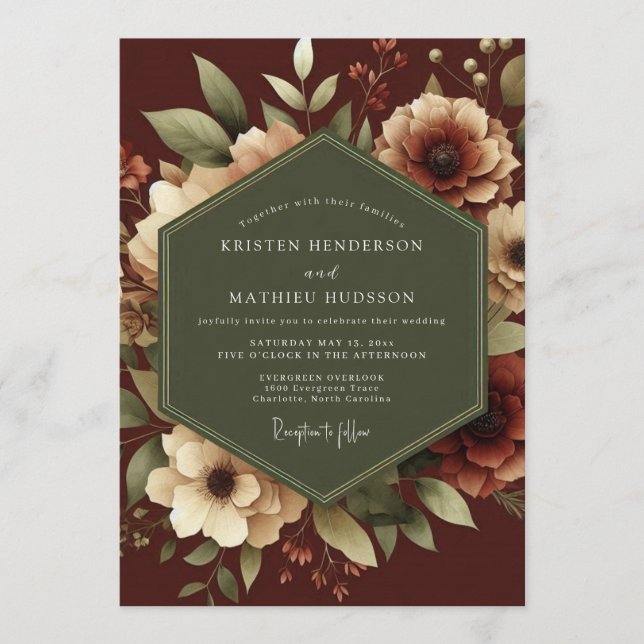 Invitation Maroon Romantic Botanical Wedding (Devant)