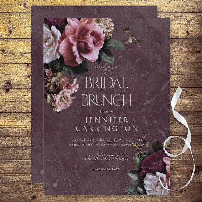 Invitation Maroon & rose Floral Moderne Brunch nuptial (Maroon & Pink Floral Modern Bridal Brunch Invitation)