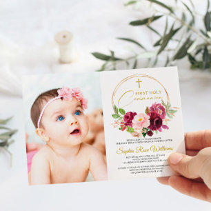 Invitation Maroon Rose Floral Photo Girl Première Sainte Comm