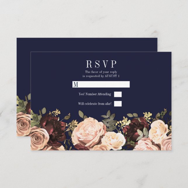 Invitation Maroon rose floral vert marine bleu mariage RSVP (Devant / Derrière)