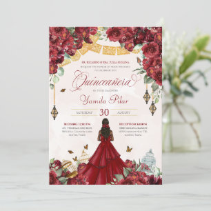 Invitation Maroon Rouge Floral Papillon Élégant Quinceanera v