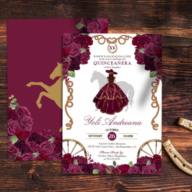 Invitation Maroon rouge foncé Charro Quinceanera (Créateur téléchargé)