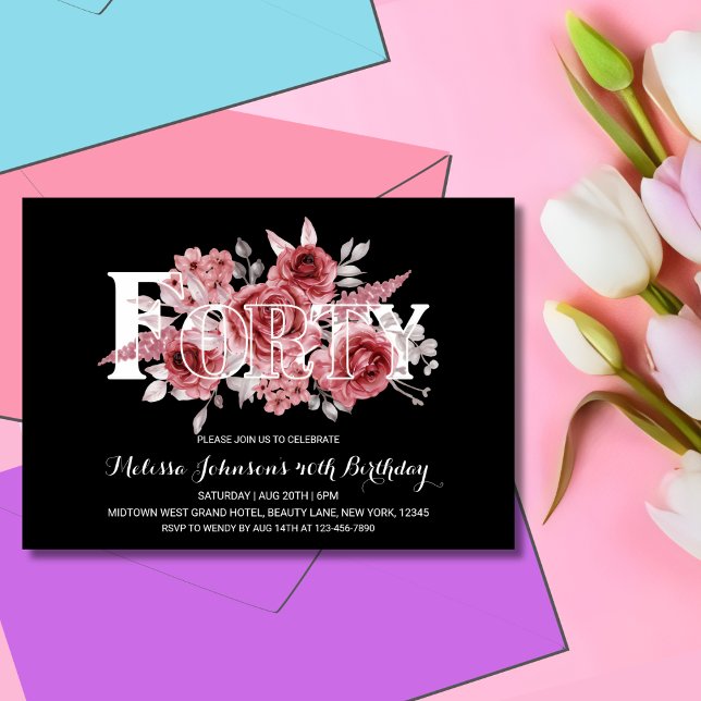 Invitation Maroon Rouge Vert Floral 40e Anniversaire Noir (Créateur téléchargé)