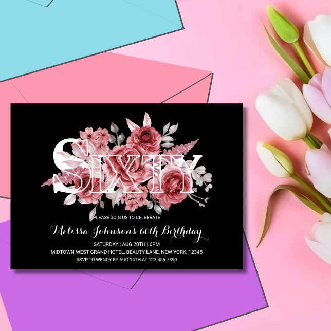 Invitation Maroon Rouge Vert Floral 60e Anniversaire Noir (Créateur téléchargé)