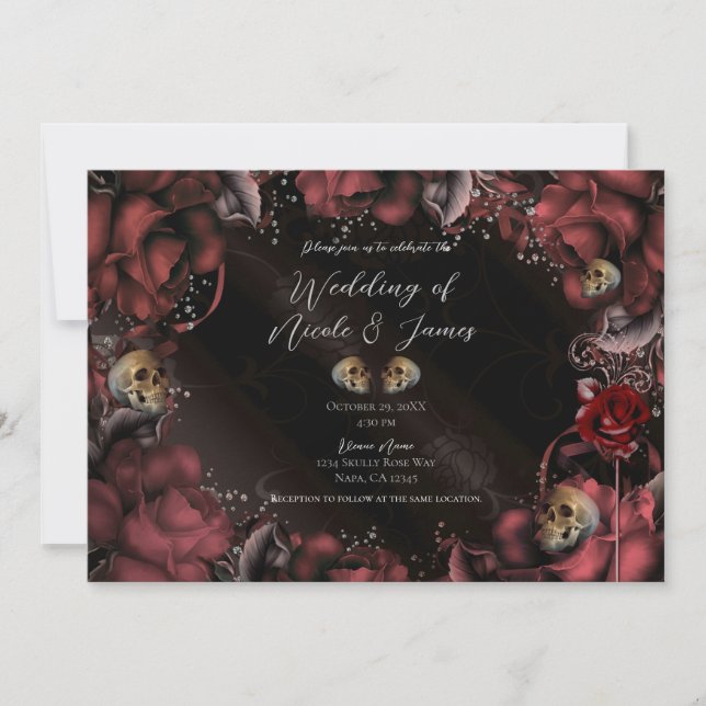 Invitation Maroon rouille Roses et crânes Mariage gothique (Devant)