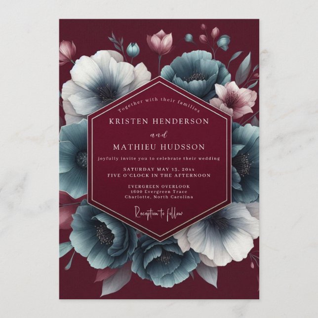 Invitation Maroon Teal Chiaroscuro Wedding (Devant)