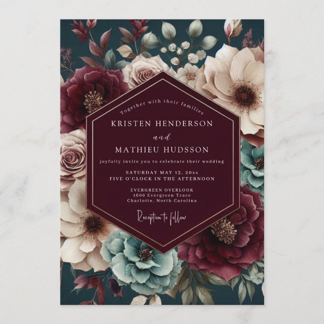 Invitation Maroon & Teal Moody Floral Wedding (Devant)