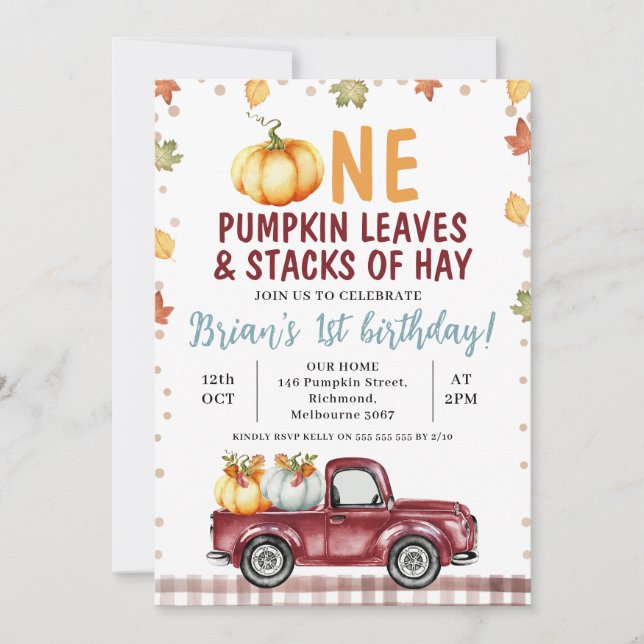 Invitation Maroon Truck Citrouille Feuilles Hay 1er anniversa (Devant)