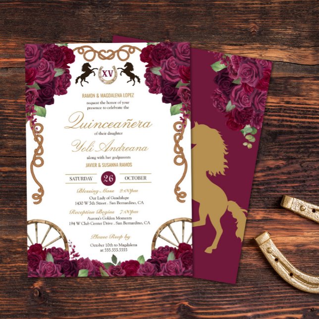 Invitation Maroon violet Roses Ouest Charra Quinceañera (Créateur téléchargé)