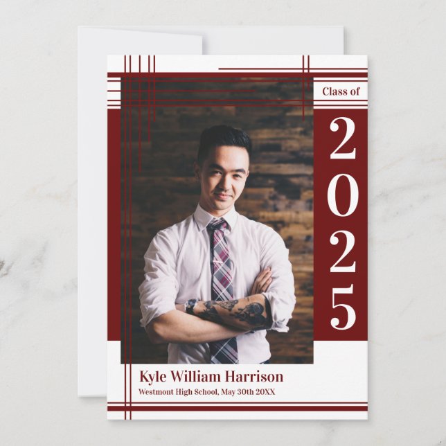 Invitation Maroon White School Colour Graduation Photo Plaid (Devant)