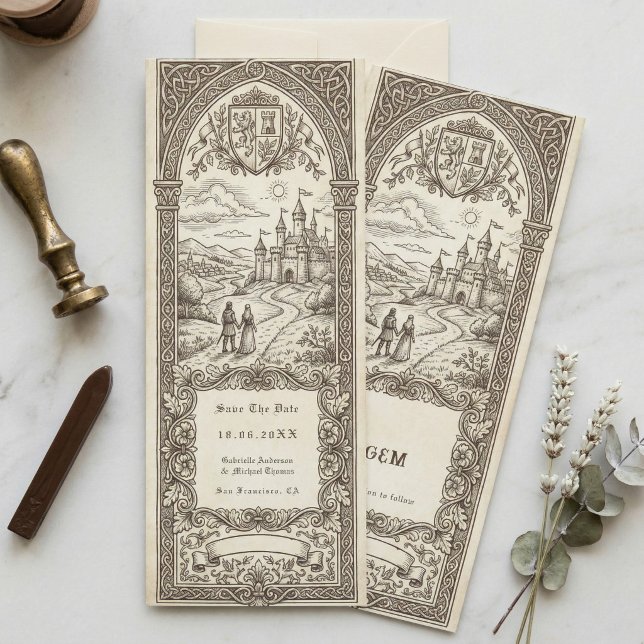 Invitation Marque-page de mariage Blason Médiéval Save The Da (Créateur téléchargé)