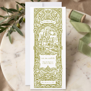 Invitation Marque-page de mariage vert médiéval, Save The Dat
