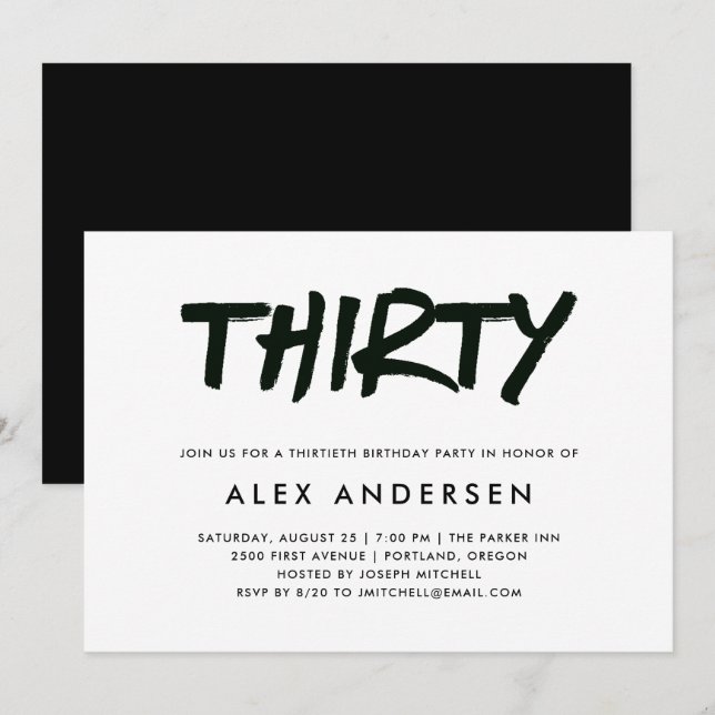Invitation Marqueur moderne | Noir et blanc 30e anniversaire (Devant / Derrière)