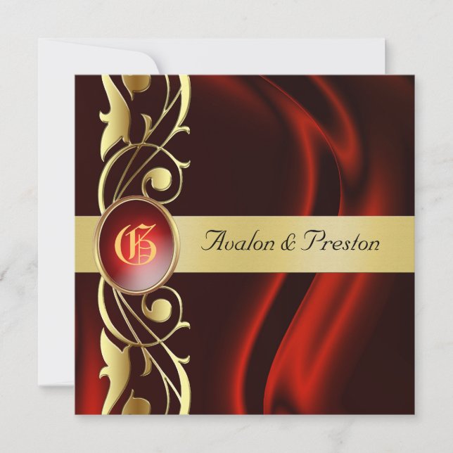 Invitation Marquis Red Silk Gold Scroll Ruby (Devant)
