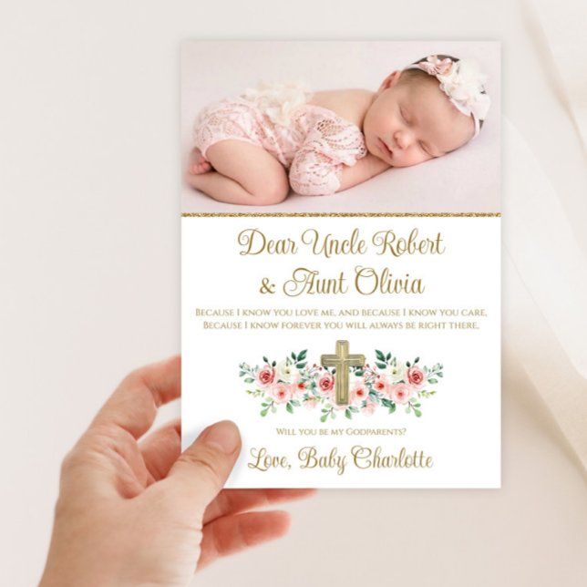Invitation Marraine Fille Croix Florale Aquarelle  (Sweet pink and gold photo baby girl Godparent invitation. Simply add your photo and details.)