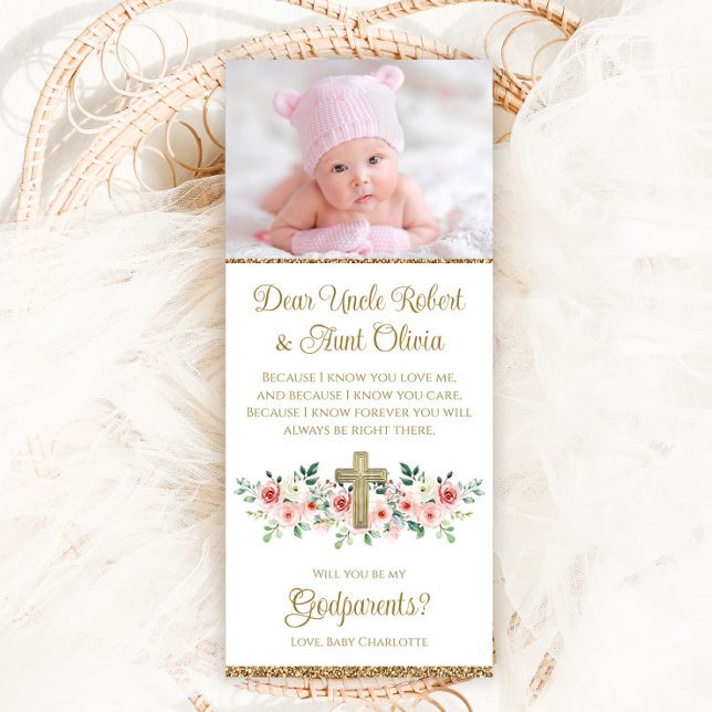 Invitation Marraine Fleurie Aquarelle Croix Fille  (Pretty pink and gold photo Godparent invitation with watercolor flowers and cross.)