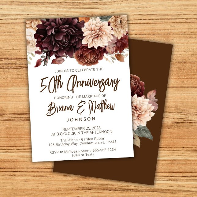 Invitation Marron Beige Floral 50e Anniversaire de Mariage  (Créateur téléchargé)